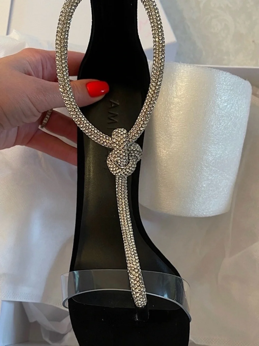 ‼️WOW‼️Amina Muaddi Black Satin Stiletto Sandals with Crystal Ankle Tie